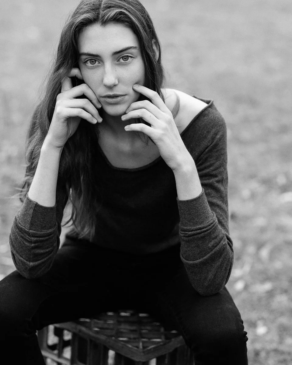 Brisbane Australia Fashion Photographer Stacey Russell || Fashion Photography Modelling Photoshoot || Model portfolio headshot of girl sitting on milk crate in black and white (Copy)