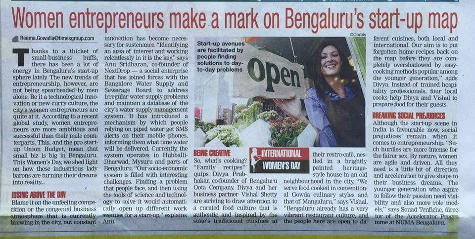 March 2016 Bangalore Times: Women entrepreneurs make a mark on Bengaluru's start-up map