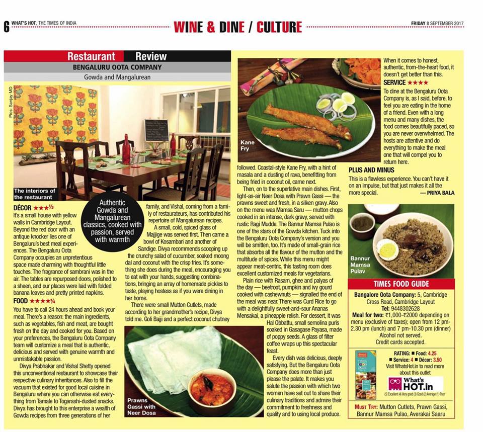 September 2017 The Times of India Food Review