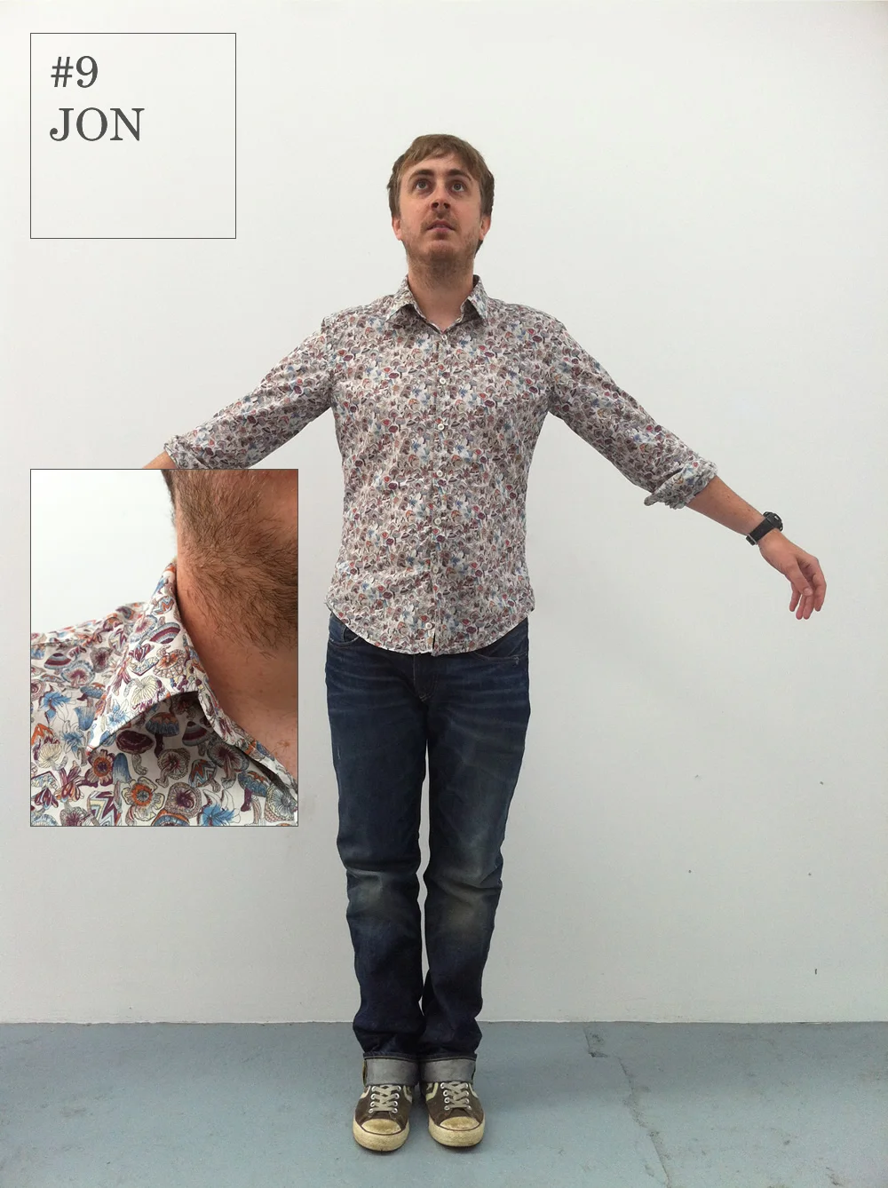 Moving on from his signature pose, Jon adopts a Take That style stance to model one of his wardrobe favourites known as ‘The Mushroom Shirt’.
We can only assume the designer of this shirt was inspired when they asked themselves 'what would mushrooms look like if they were colourful?’ the result is an optical illusion of a shirt that from a distance is more floral than fungal.
Jon keeps this look from looking too geography teacher at a school disco by pairing it with a quality pair of denim jeans.
Shirt: Holland Esquire
Jeans: Flying Horse
Shoes: Converse
