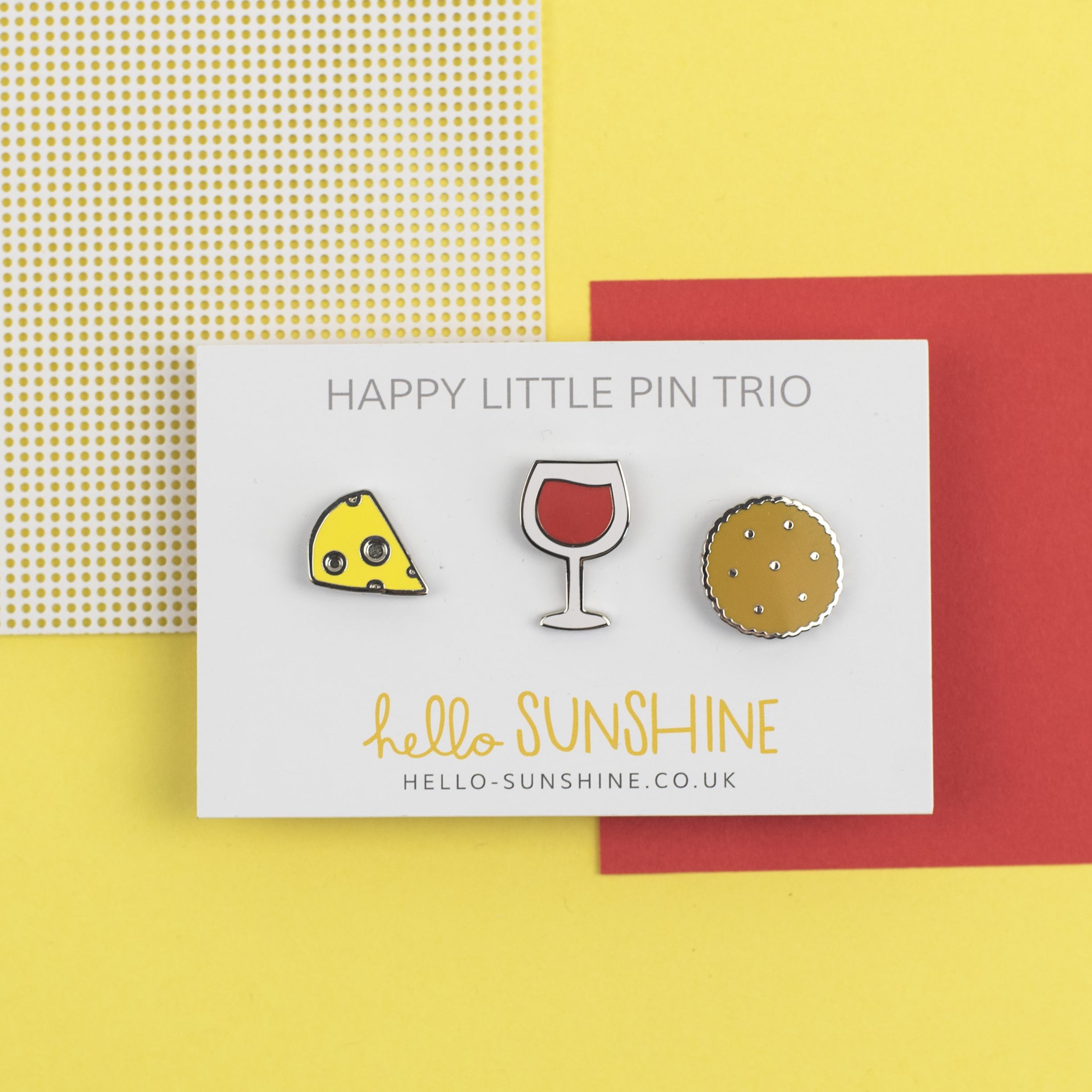 happy little cheese and wine pin set