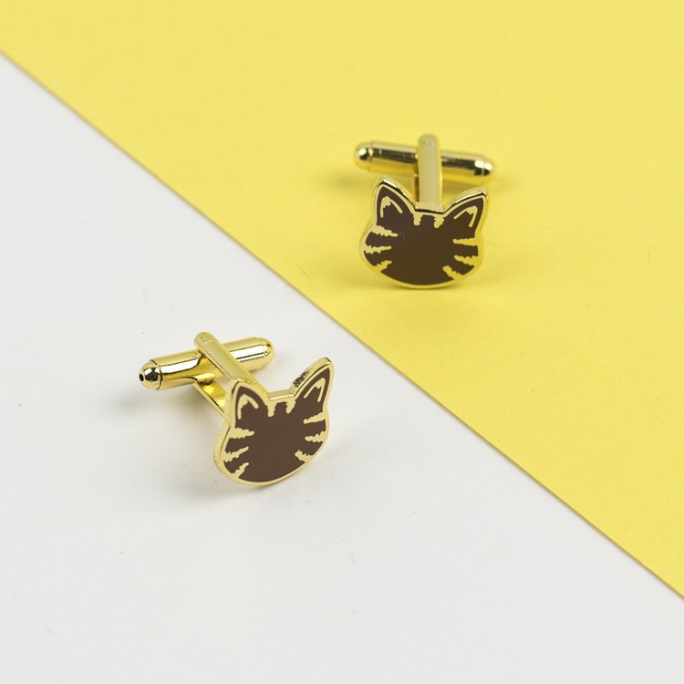BROWN TABBY CAT GOLD ENAMEL CUFFLINKS
