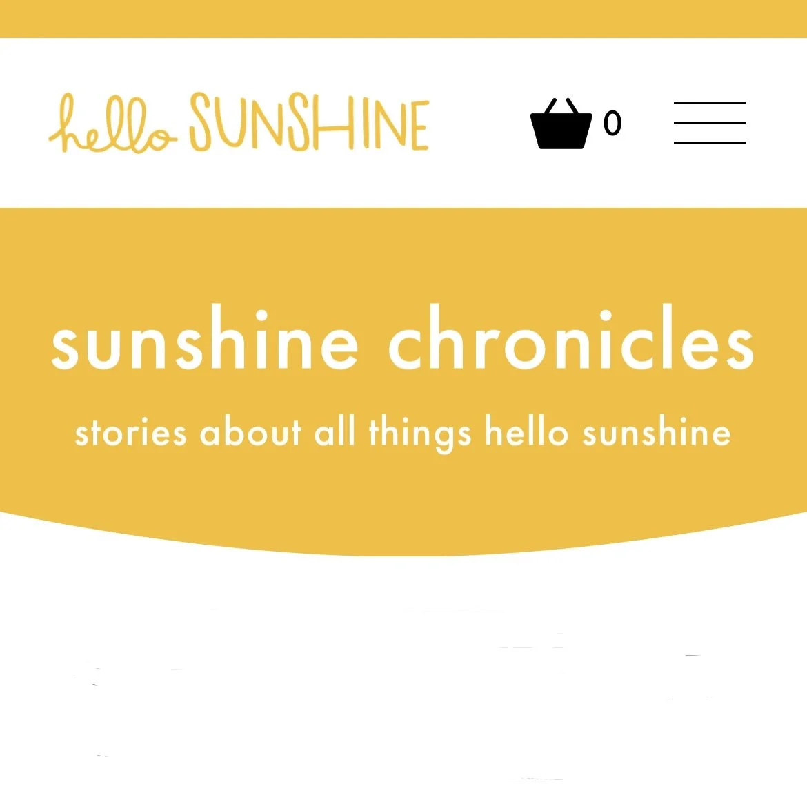Title screen of Sunshine Chronicles (blog page) with yellow background, white text, and icons for shopping cart and menu.