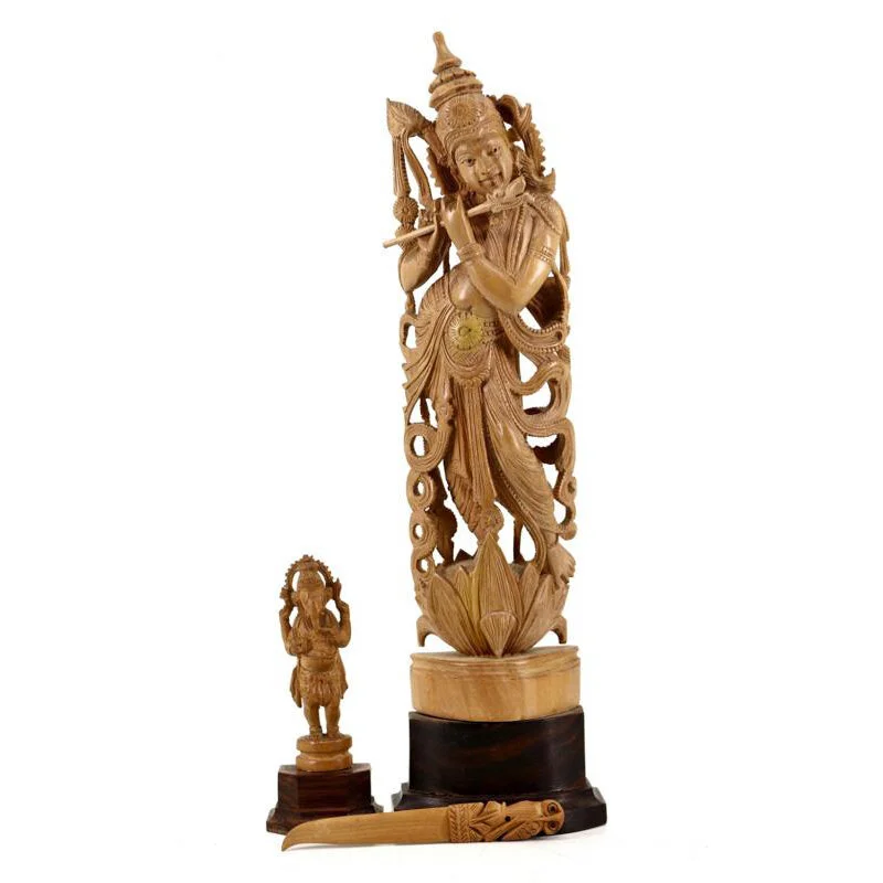 Set of sandal wood sculptures with carved decoration Hindu Gods