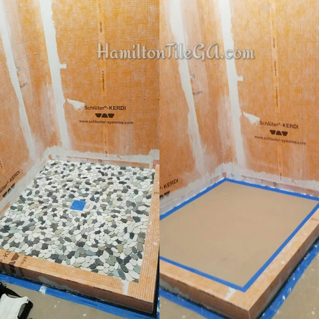 After packing the pan and water proofing, we install the shower floor tile of your choice. Once it's dried we cover it and start the wall tile. 