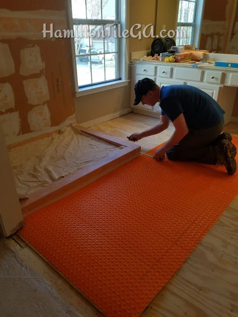 Another Ditra Heat system going in... Warm up your toes every morning and simultaneously increase the comfort and enjoyment of your bathroom routine!