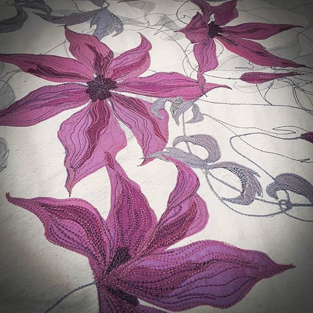 Update on the latest work in progress. #textileartcommission #fabricart #clematisflowers