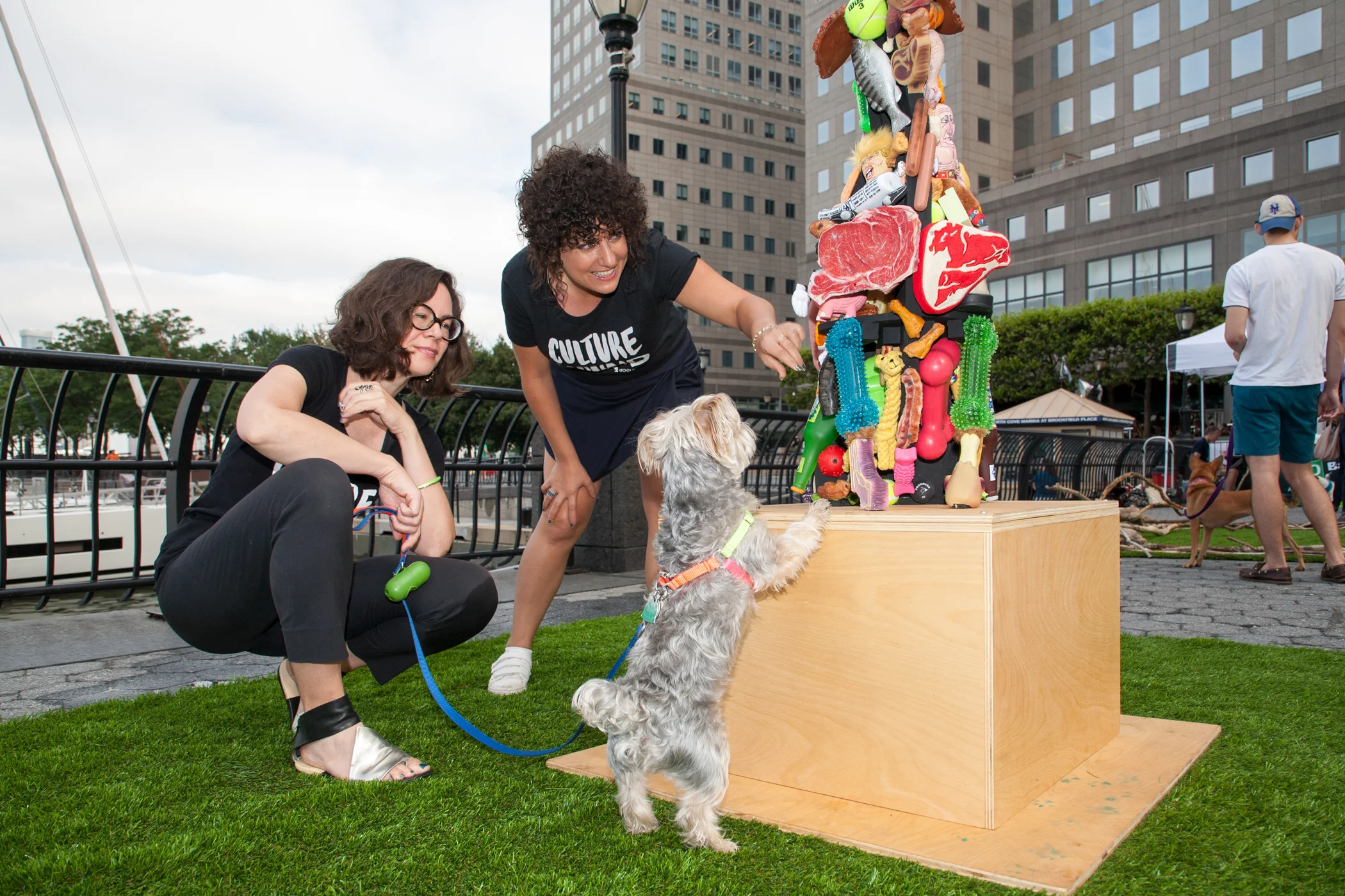 dOGUMENTA team with "Any Dog Can Be A Guide Dog If You Don't Care Where You're Going" by Tibi Tibi Neuspiel at Brookfield Place in New York City.