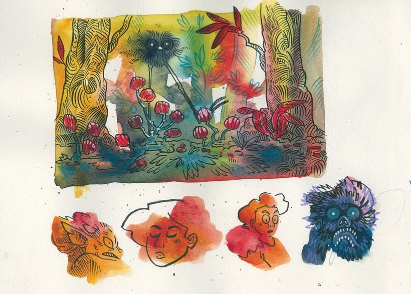 drawing of a strange bird in a colorful forest and a series of heads drawn in splotches of watercolor.