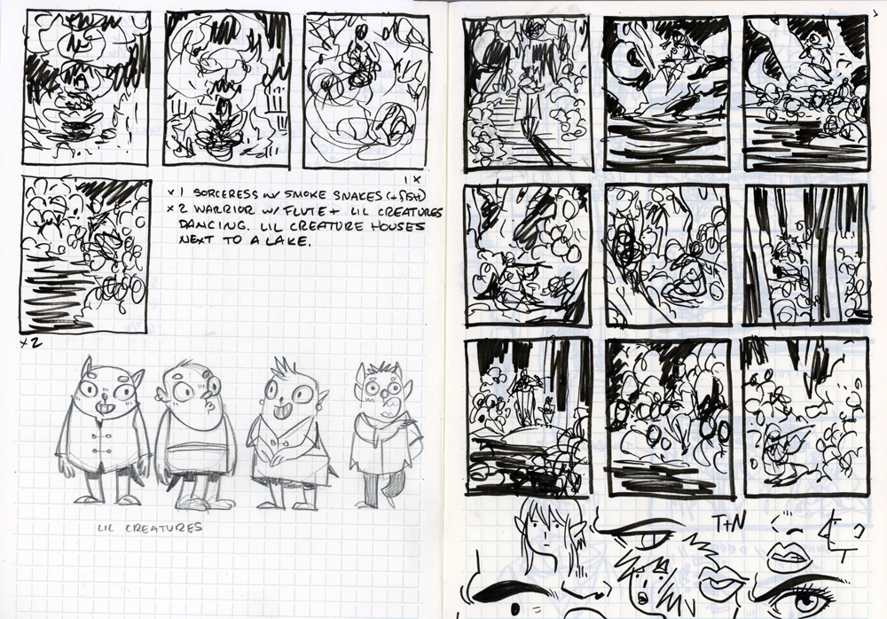 Here are my thumbs! Those those silly creatures never made the final elf drawing, and I ended up winging the composition for that one.