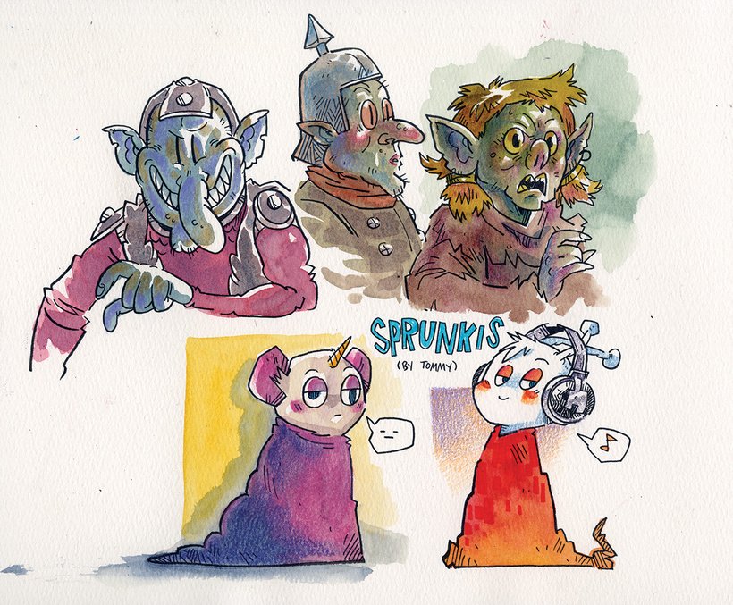 drawing of several characters in a mix of watercolor and colored pencil