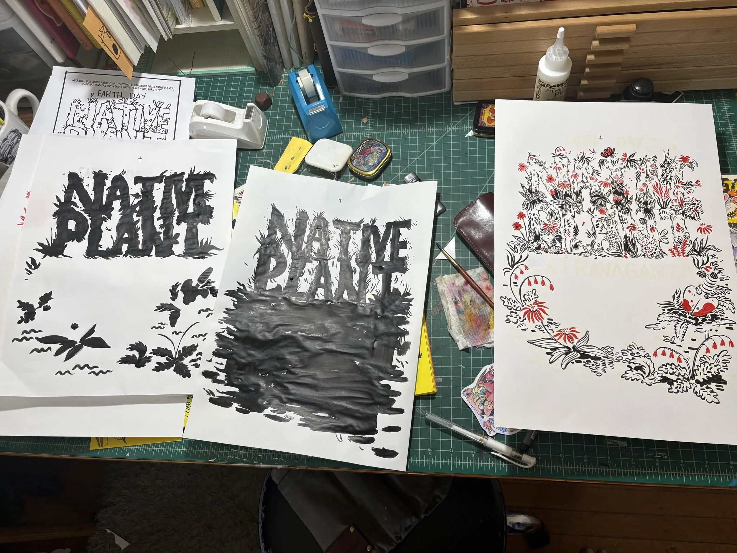 Inks laid out on a desk