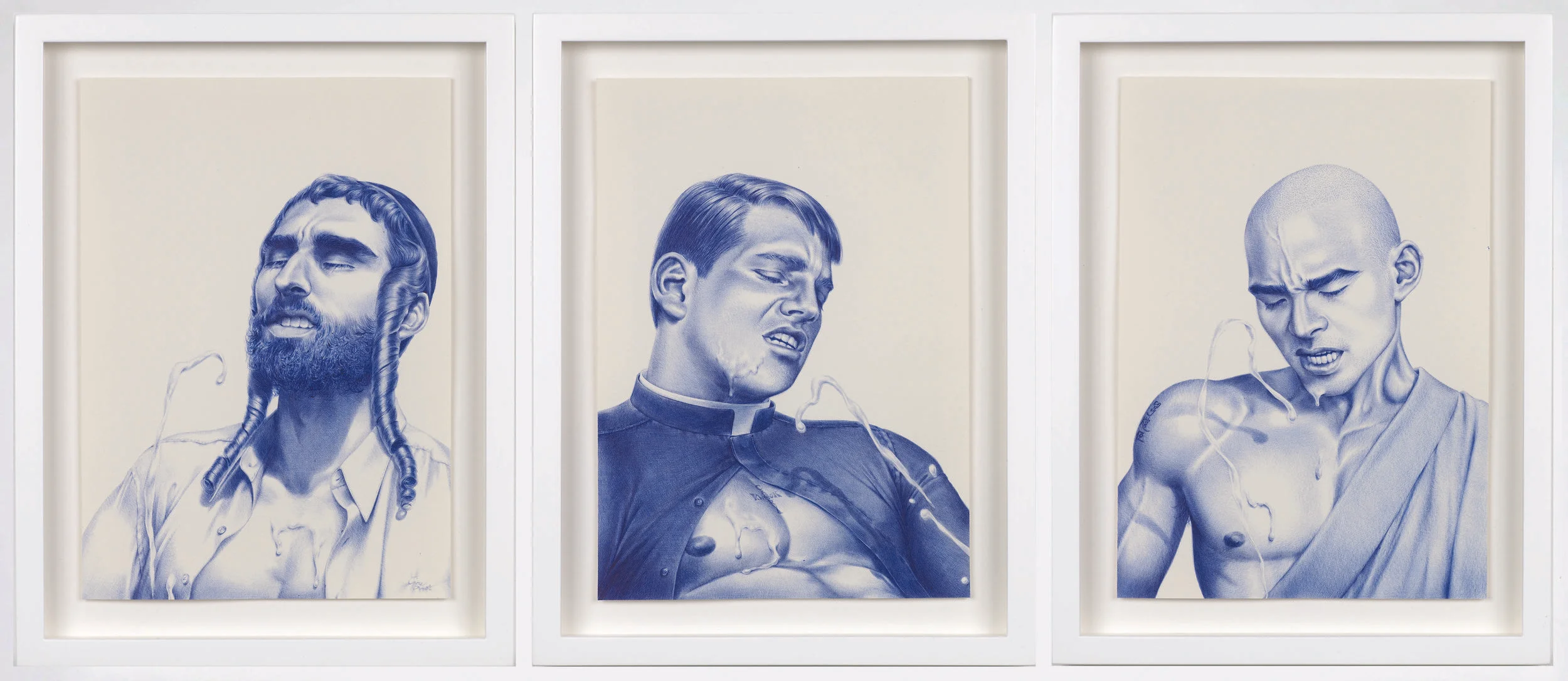 CARY KWOK (1975) Cum to Father, Muscle Toss, Buddjism, 2010, tinta sobre papel, cada pieza 29.7 x 21, cortesía de Herald St, Londres. 