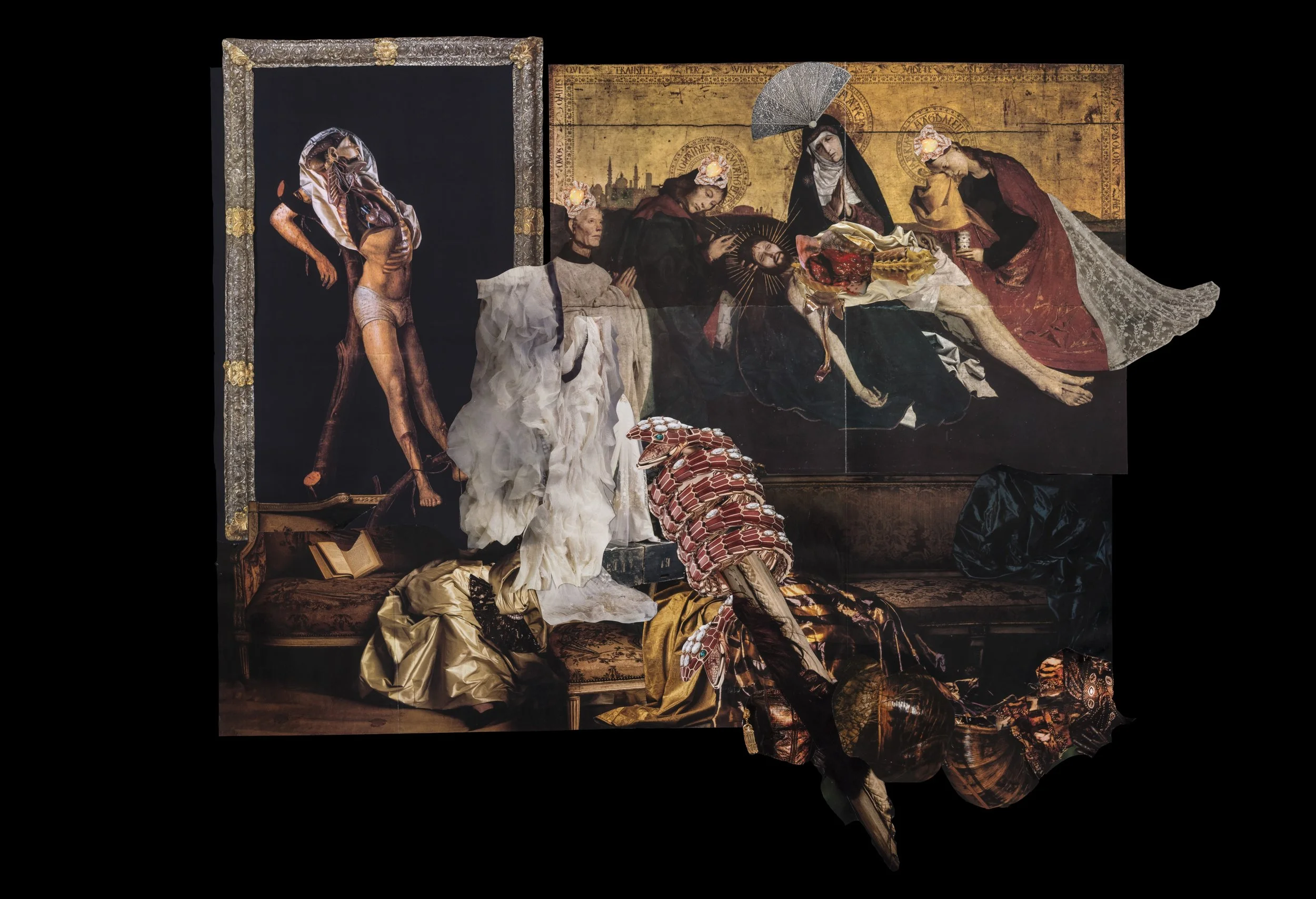 Sin título, 2017, collage, 64 x 73. Imagines de revistas y catálogos de historia del arte, moda, medicinas y la colección Museo La Specola. Catálogo de joyería Bvlgari. 