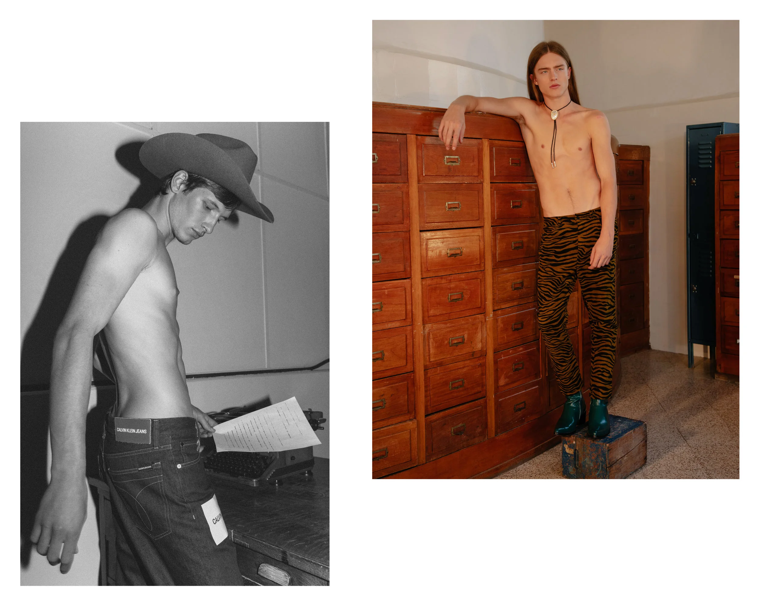 Vadim con sombrero de AYANEGUI y pantalón de CALVIN KLEIN JEANS . Alex con pantalón de BOTTEGA VENETA .