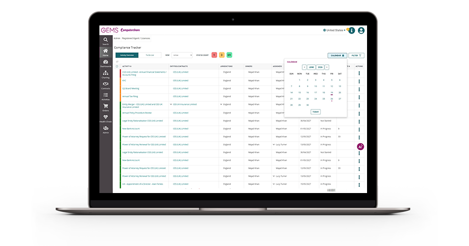 Calendar view of GEMS' Compliance Tracker
