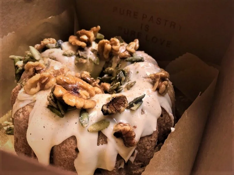 Cranberry Apple Pumpkin Bundt Cake, Maple Drizzle,Candied Walnuts & Pepitas
