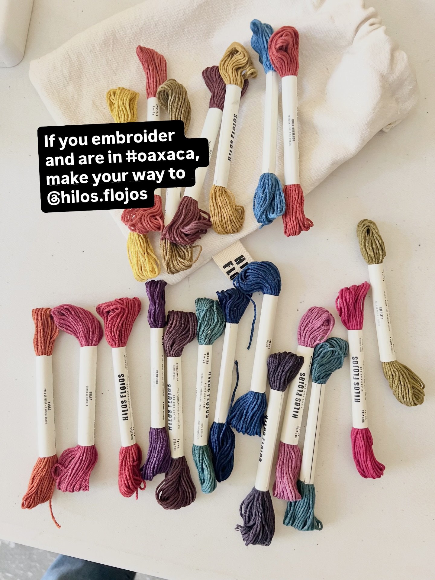 Caroline at @hilos.flojos embroidered on some handwoven cotton that was dyed with cochineal. It&rsquo;s beautiful fabric from Arturo Hernandez&rsquo;s workshop. Pillows are coming!
Hilos Flojos dyes embroidery and crochet thread using plants, insects