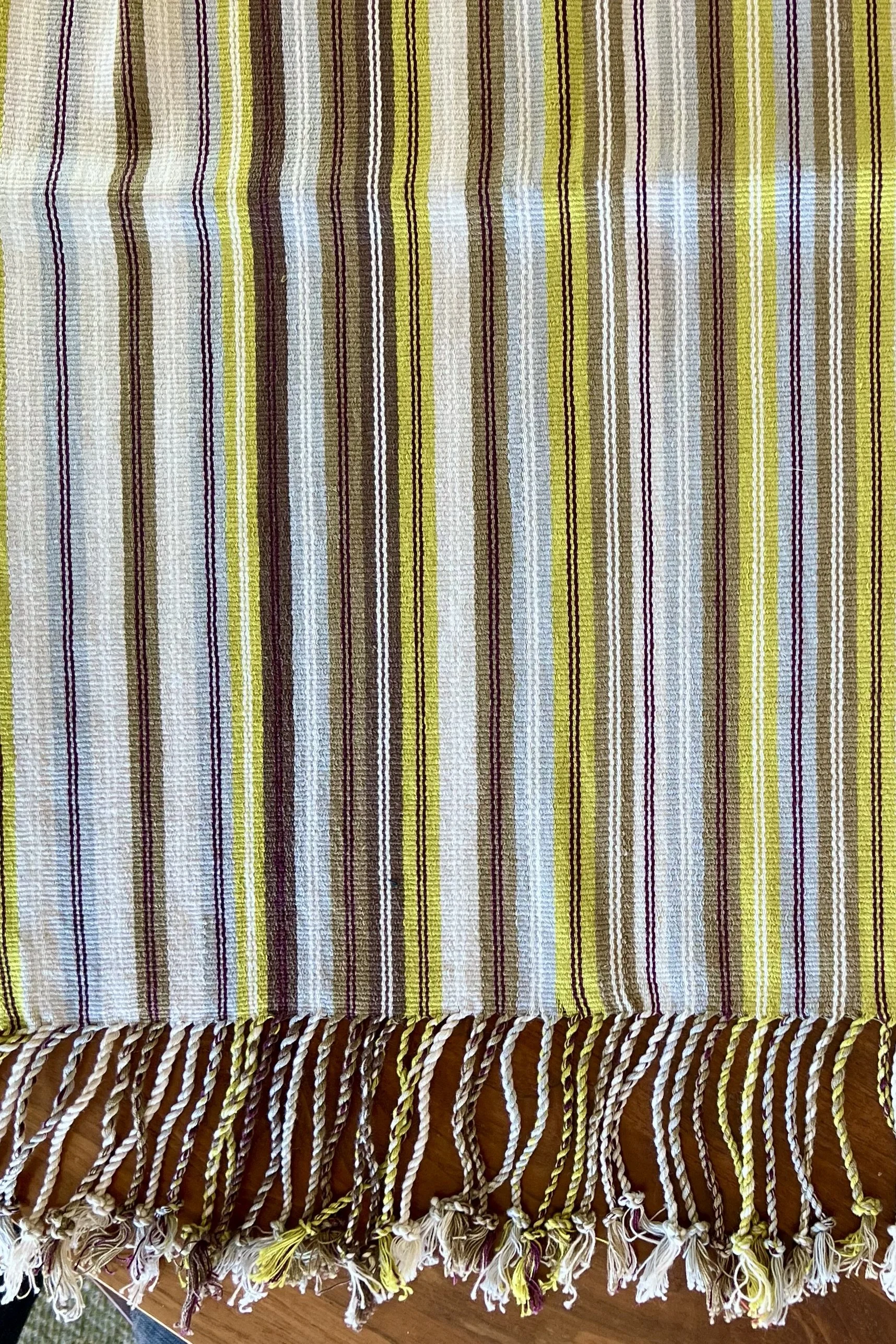 Lime and taupe striped handwoven table runner
