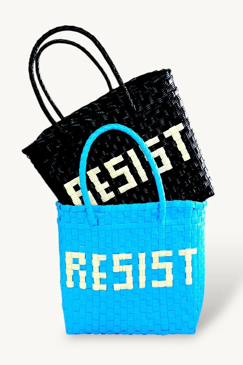 woven plastic totes with RESIST writing