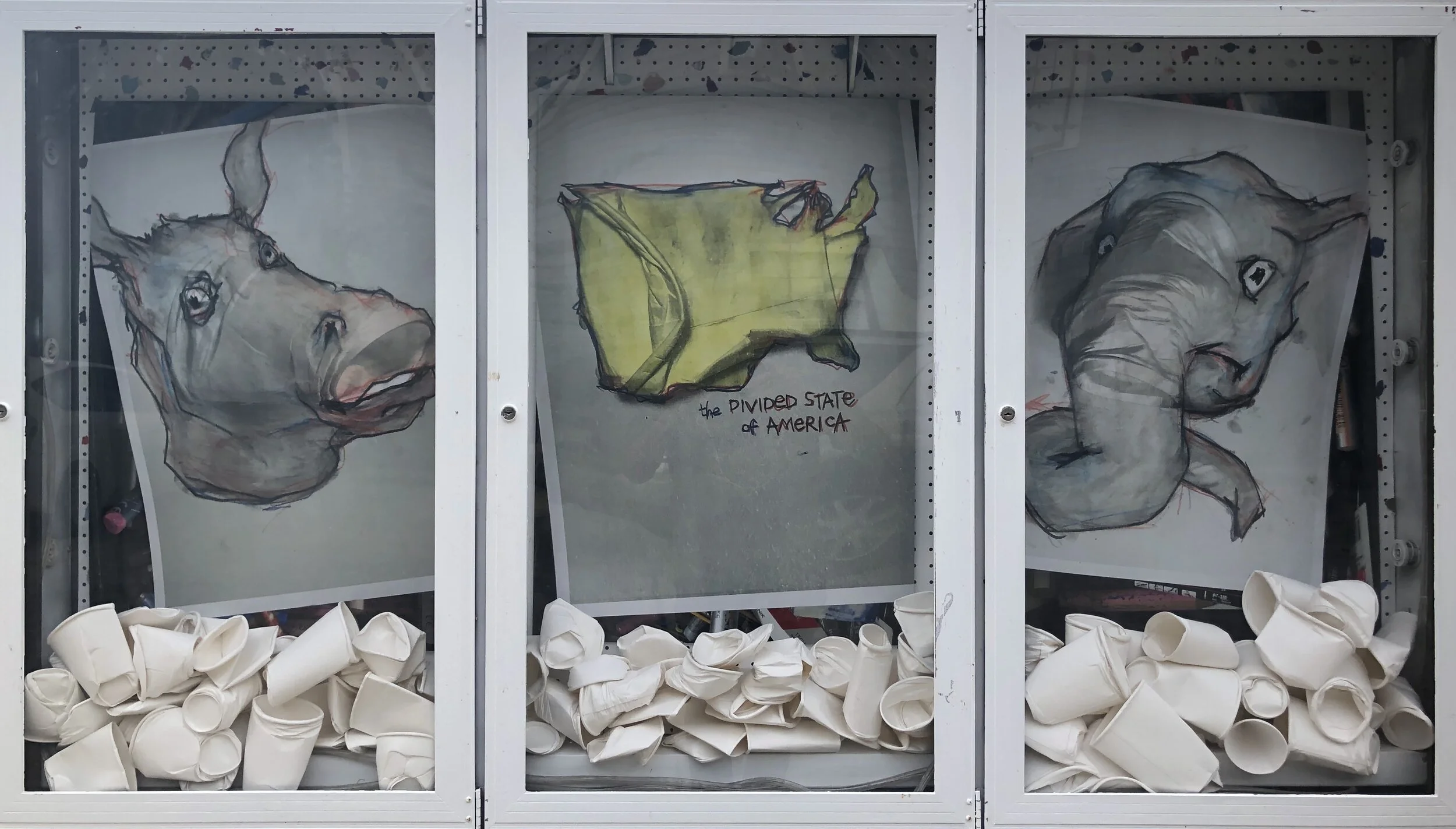 Drive Thru Art Box at Green Truck: 'Single-Use Sketch Studies: the U.S. Two-Party System: All or Nothing Thinking: Polarizing Principles in Politics and with People' by Corey Willis