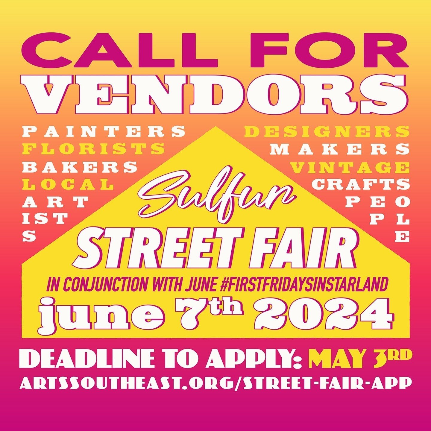 ​​The Sulfur Street Fair is seeking vendors for June First Friday: June 7th from 5 - 9PM in conjunction with #FirstFridaysInStarland !⁠
⁠
DEADLINE TO APPLY: May 3rd, 2024 *Please only apply if you are available for the event date.*⁠
⁠
VENDORS NOTIFIE