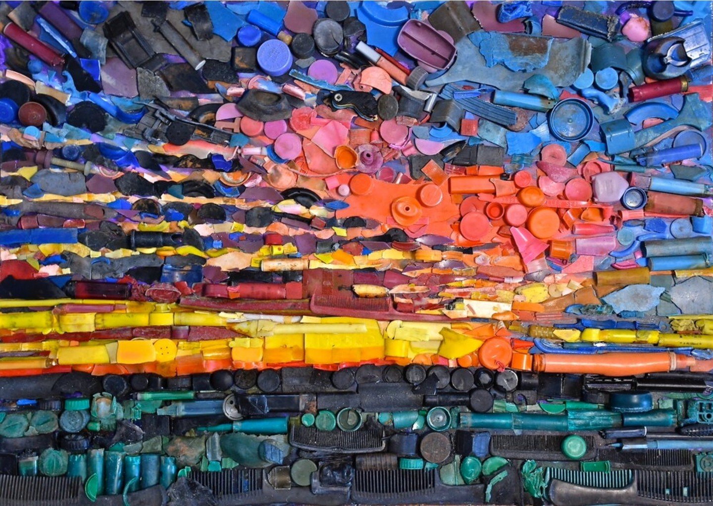 Harry DeLorme ⁠
⁠
Plastic Marsh, Sunset Across U.S. 80 (2019)⁠
⁠
Found plastic debris from McQueen&rsquo;s Island, Savannah River, over acrylic on panel⁠
27 x 37 &frac12;&rdquo; (framed)⁠
⁠
DeLorme intercepts discarded plastic from the banks of the S