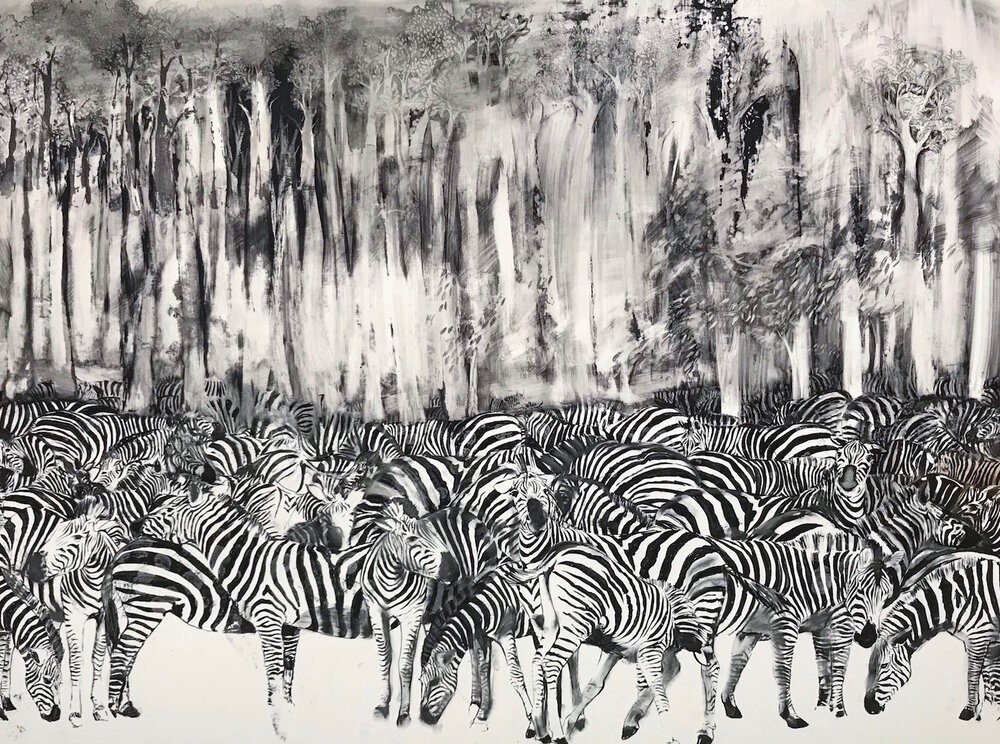 Faran Riley @faranriley⁠
⁠
Featuring⁠
⁠
Zebras⁠
⁠
Gouache and ink on Yupo⁠
⁠
2011⁠
⁠
18&rdquo; x 24&rdquo;⁠
⁠
#artist #savannah #gouache #ink ⁠