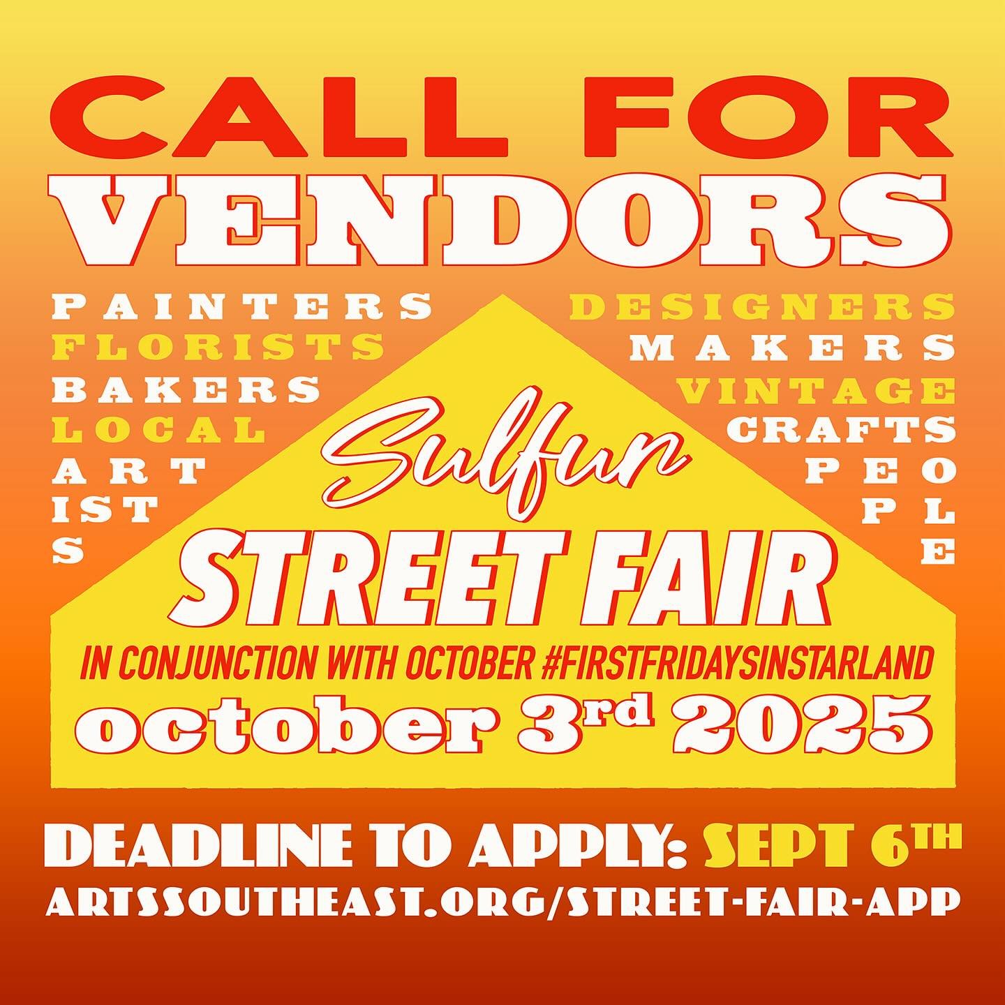 🍁 October Street Fair Vendor Application NOW OPEN! 🍁

The Sulfur Street Fair is seeking vendors for October First Friday: October 3rd, from 5 - 9PM in conjunction with #FirstFridaysInStarland !⁠
⁠
DEADLINE TO APPLY: September 6th, 2025 *Please only