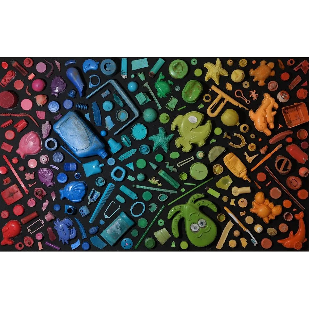 Harry DeLorme, &quot;Wild Caught,&quot; 2025. Found post consumer plastic objects from the Savannah River and Tybee Island, enamel on wood, 30 x 48 x 3 inches. ⁠
⁠
&ldquo;&lsquo;Wild Caught&rsquo; creates a spectrum of vivid color from post-consumer 