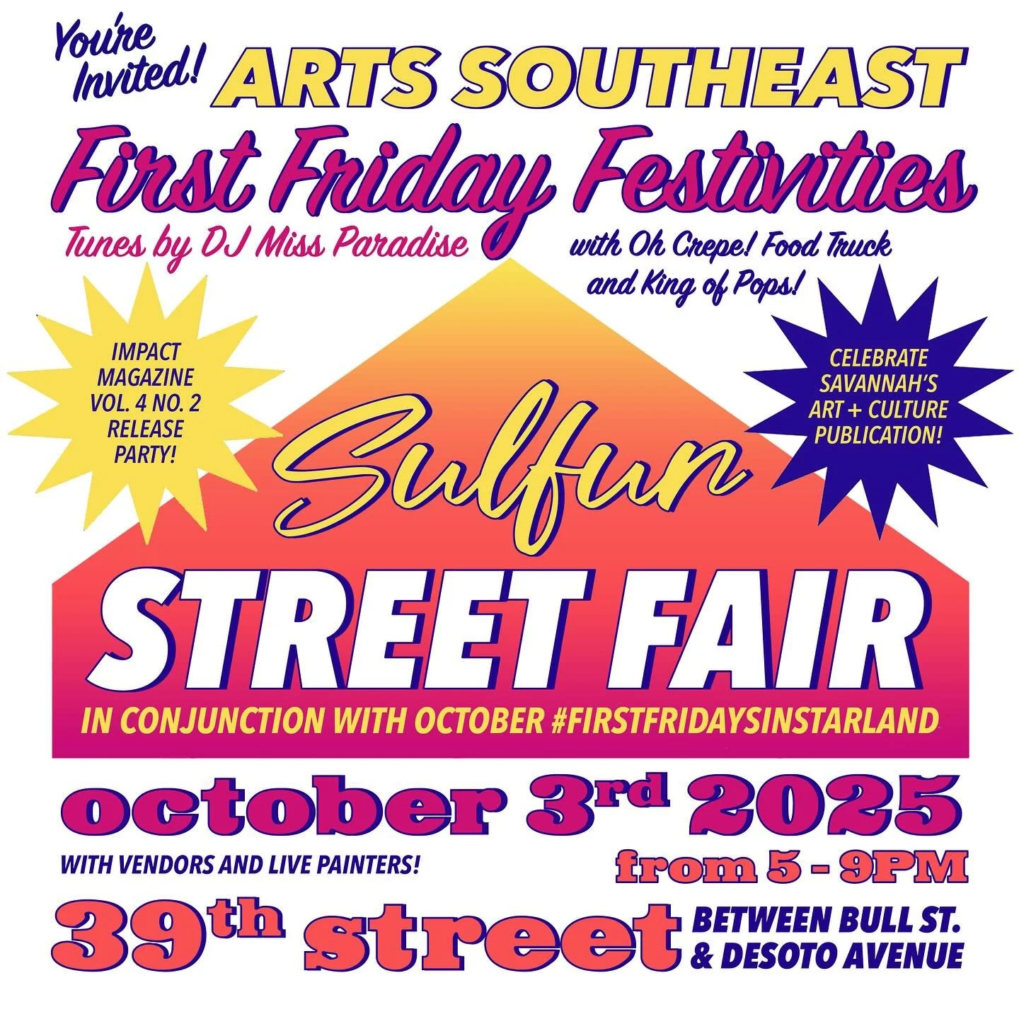 Join us on Friday, October 3rd from 5 &ndash; 9PM for the second annual Sulfur Street Fair as we celebrate the release of IMPACT Arts + Culture Magazine, Vol. 4 No. 2! 

October First Friday Festivities include: 

🌟 Closing Reception for &ldquo;Livi