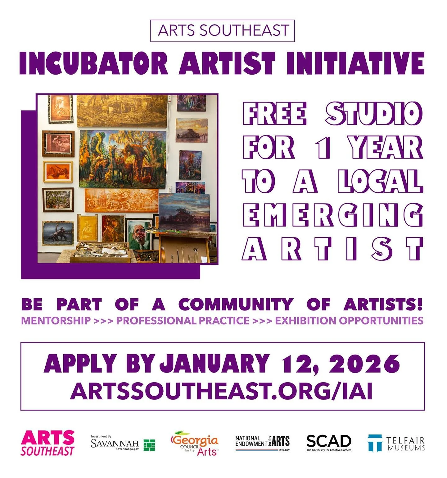 ARTS Southeast is now accepting proposals for the 2026 Incubator Artist Initiative! 

DEADLINE TO APPLY: Monday, January 12th, 2026, at 11:59PM

The Incubator Artist Initiative provides a local artist with a free studio at ARTS Southeast for one year