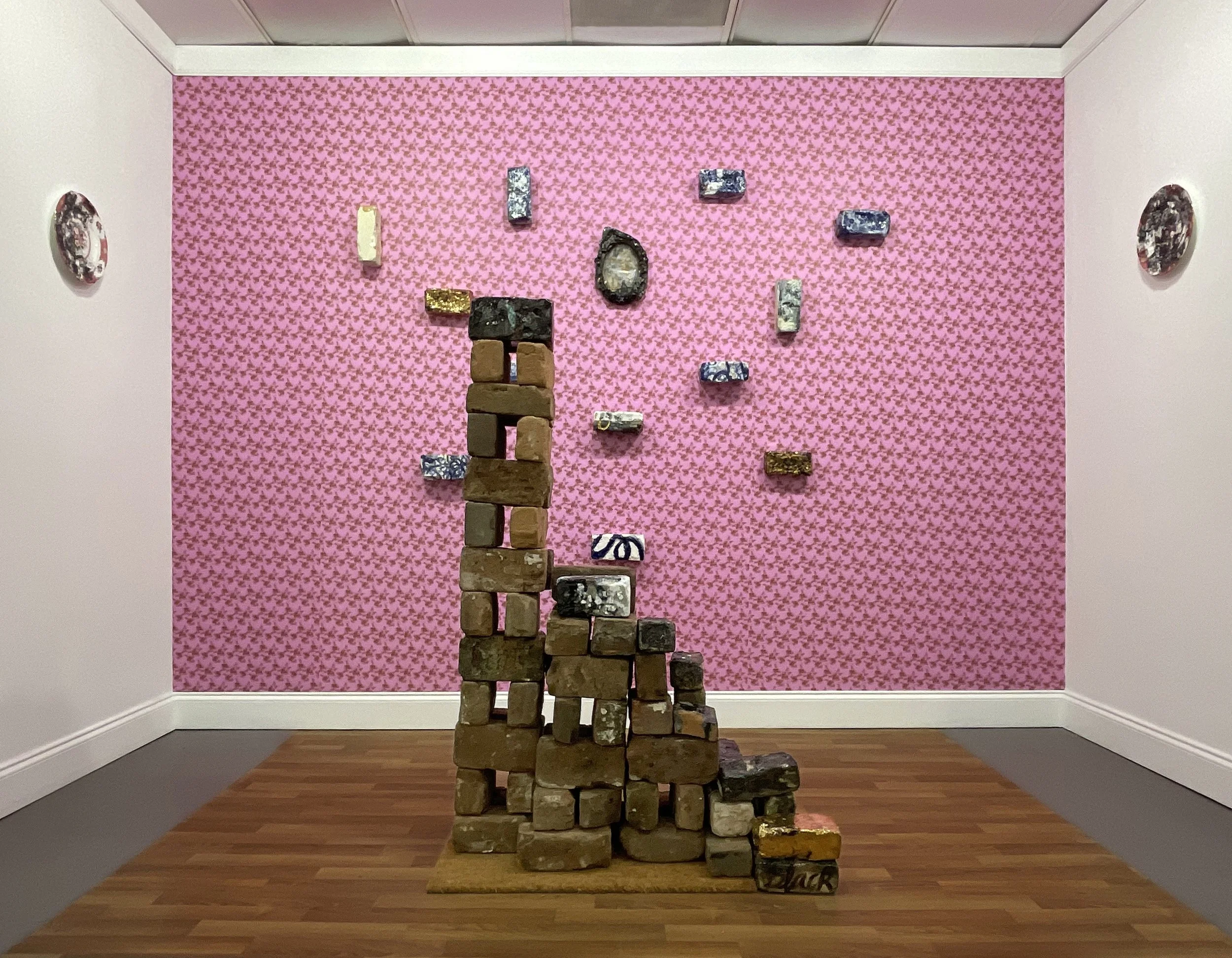  Sharon Norwood,   The Order of Things.   Installation with Savannah Grey Bricks, custom wallpaper, and ceramic. Dimensions variable. NFS 