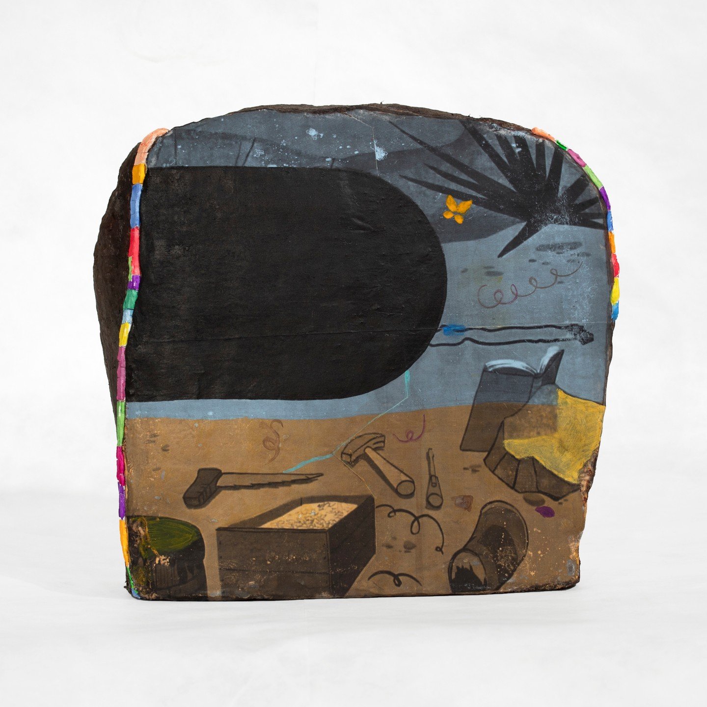 Chris Moss, &ldquo;eight simple steps to turn your dumb hobby into a career that could quadruple your income but probably won't.&rdquo; Acrylic, paper clay and acrylic medium, 15.5 x 14.75 x 4.75 inches. ⁠
⁠
@mrhopthescissor⁠
⁠
On Display in &quot;Yo