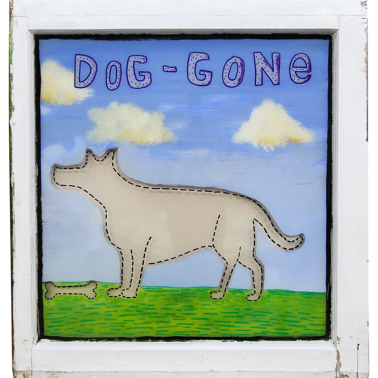Nathaniel Thompson, &ldquo;Dog Gone.&rdquo; House paint on reclaimed window, 31 &times; 34 inches.⁠
⁠
@nathanielryanthompson⁠
⁠
On Display in &ldquo;Off the Wall,&rdquo; A Group Exhibition of small works featuring 30 supporters of Arts Southeast, in 