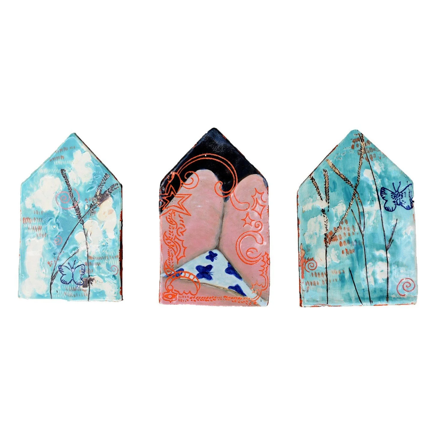 Mayce Schindler, "Butterfly Triptych." Ceramic, 4 &times; 6.5 inches each.⁠
⁠
@girloncomputerdotcom⁠
⁠
On Display in &ldquo;Off the Wall,&rdquo; A Group Exhibition of small works featuring 30 supporters of Arts Southeast, in the Arts Southe