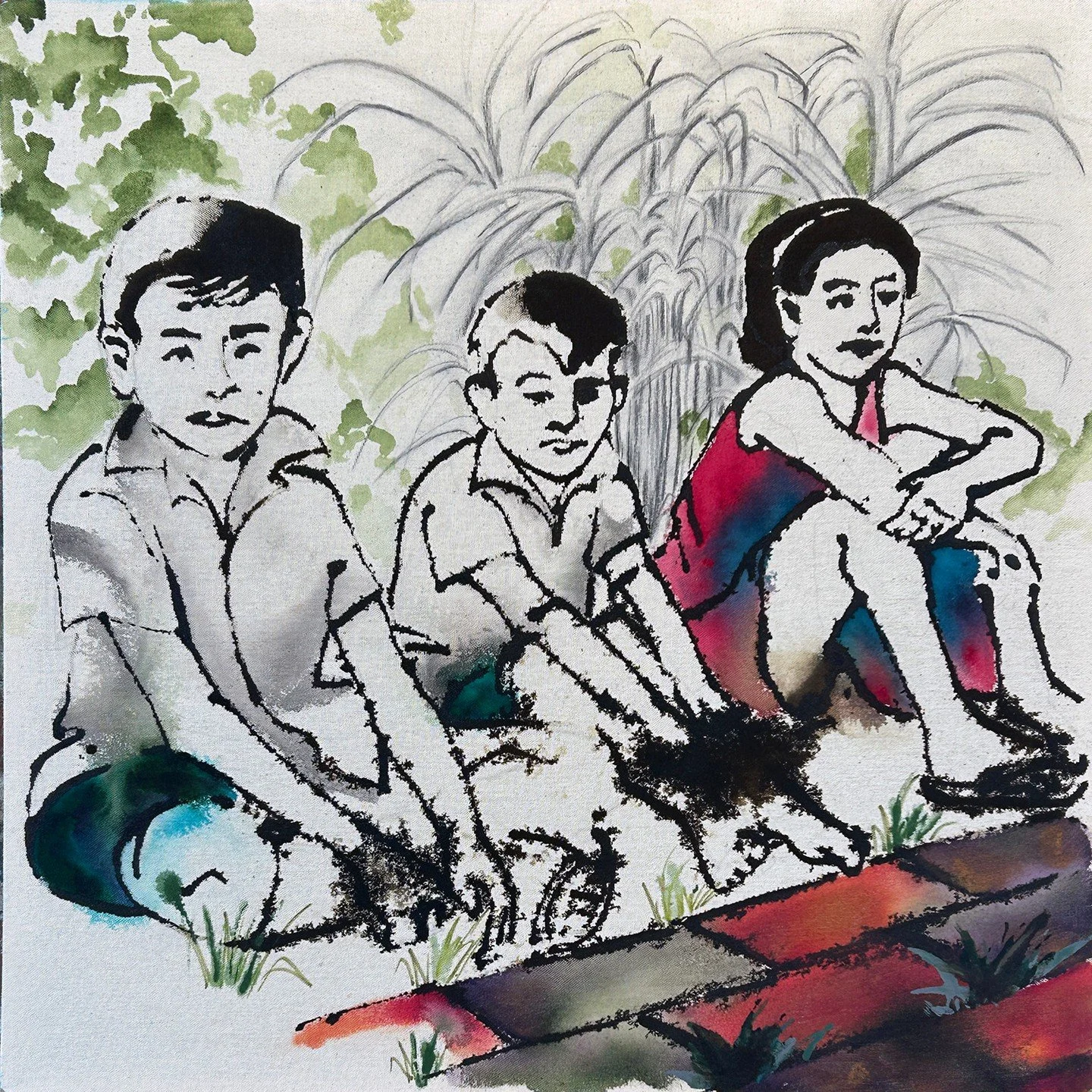 Stephanie Stella, "Papa, Tante, en Om." Acrylic and charcoal on raw canvas, 24 &times; 24 inches.⁠
⁠
@stephanietanzil.studio⁠
⁠
On Display in &ldquo;Off the Wall,&rdquo; A Group Exhibition of small works featuring 30 supporters of Arts Sout