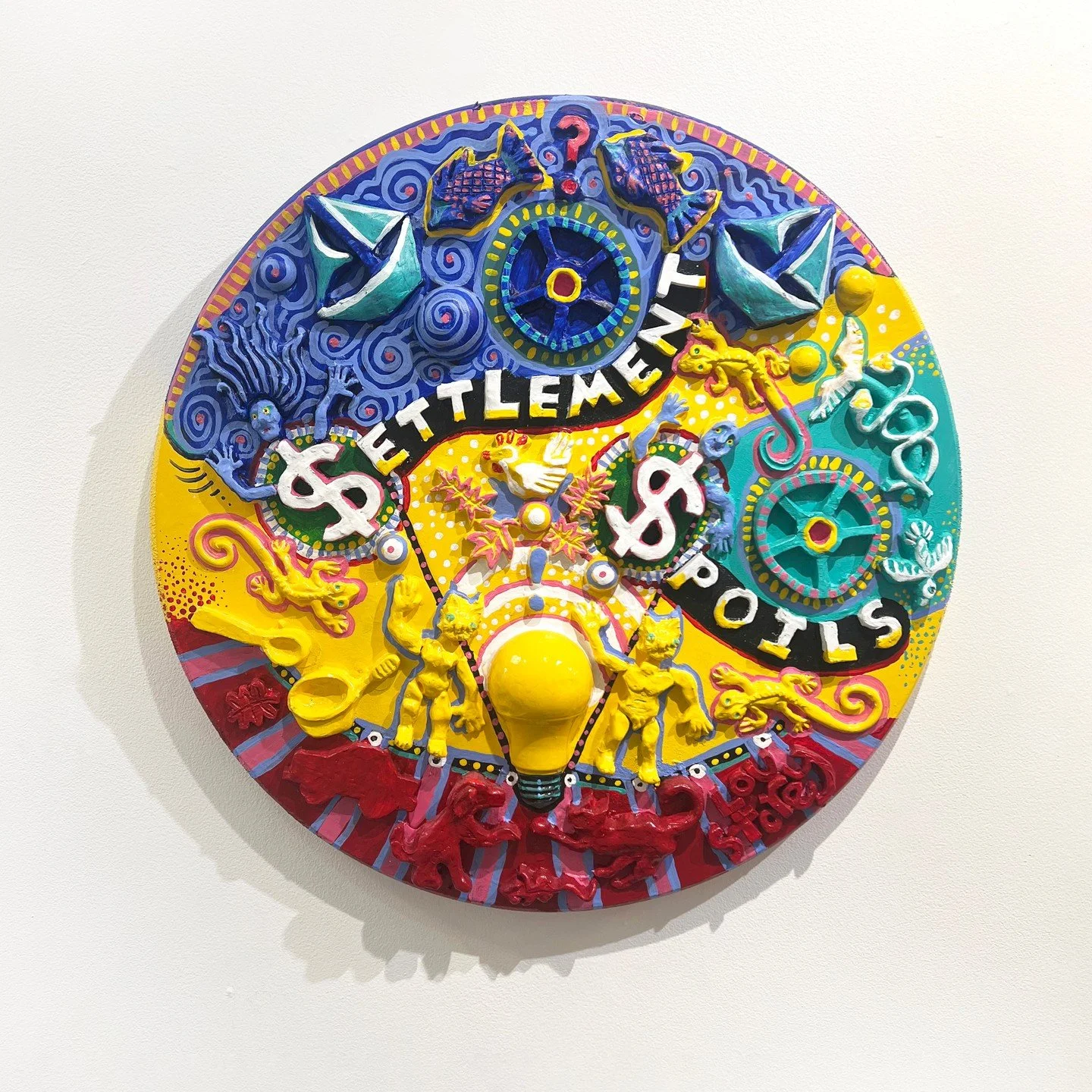 Lou Storey, "Shoulda Gotta Prenup". Hand-built cast shapes, acrylic on wood, 18 &times; 18 inches. ⁠
⁠
On Display in &ldquo;Off the Wall,&rdquo; A Group Exhibition of small works featuring 30 supporters of Arts Southeast, in the Arts Southe