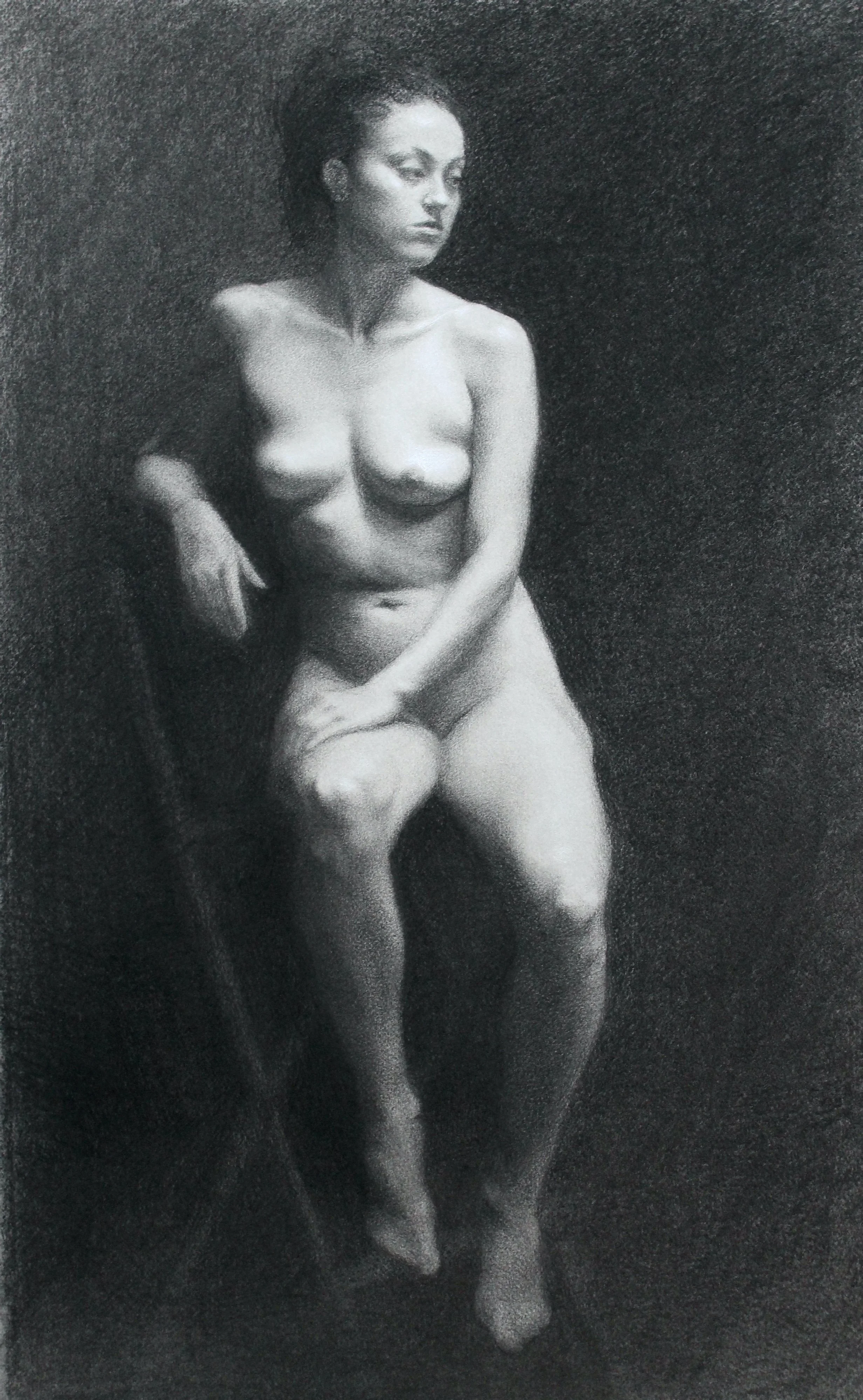  Astoria Jellett, “Figure 13,” 2023. Charcoal and white chalk on toned paper, 23 × 30 inches.  