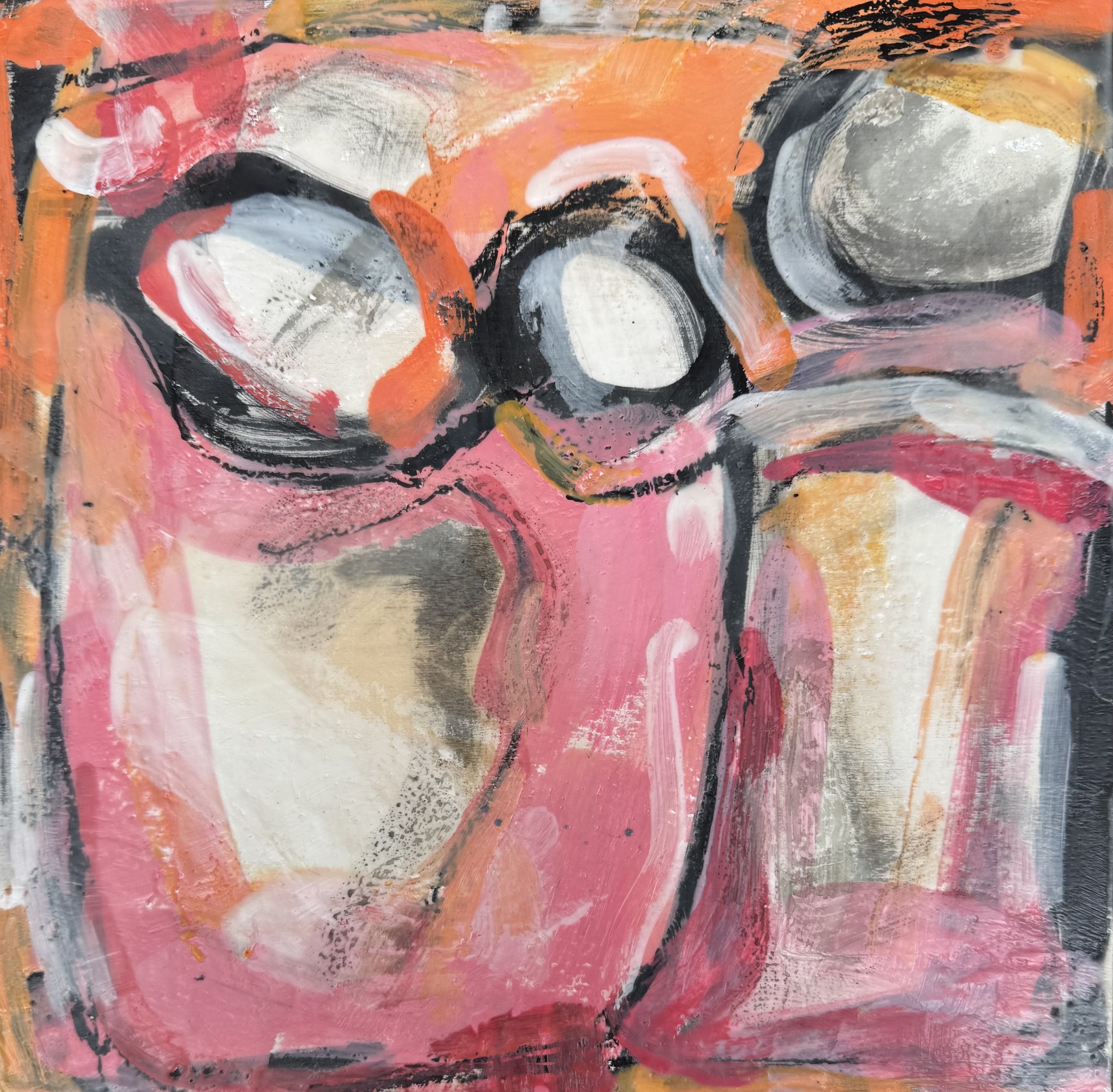  Carmela Aliffi, “Pink Orange 2,” 2024. Encaustic painting, oilstick on wood panel, 11.25 × 11.25 inches.  