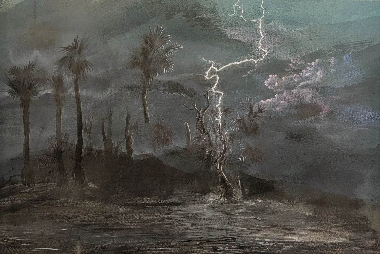  Faran Riley, “Ossabaw Lightning Strike,” 2026. Ink, colored pencil and cold wax on watercolor paper, 24 × 36 inches.  