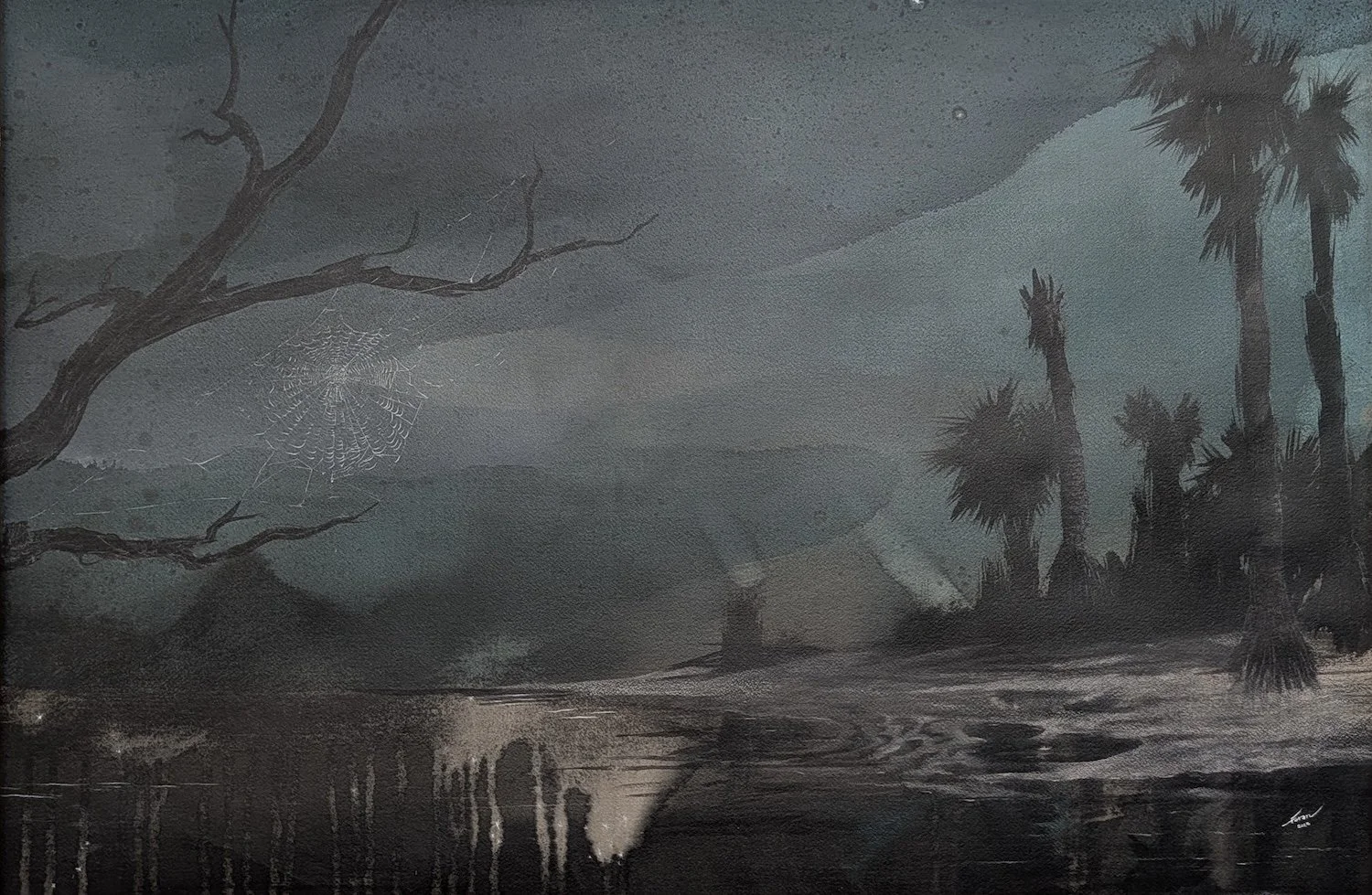  Faran Riley, “Moonlight Orb Weaver,” 2025. Ink, colored pencil and cold wax on watercolor paper, 24 × 36 inches.  