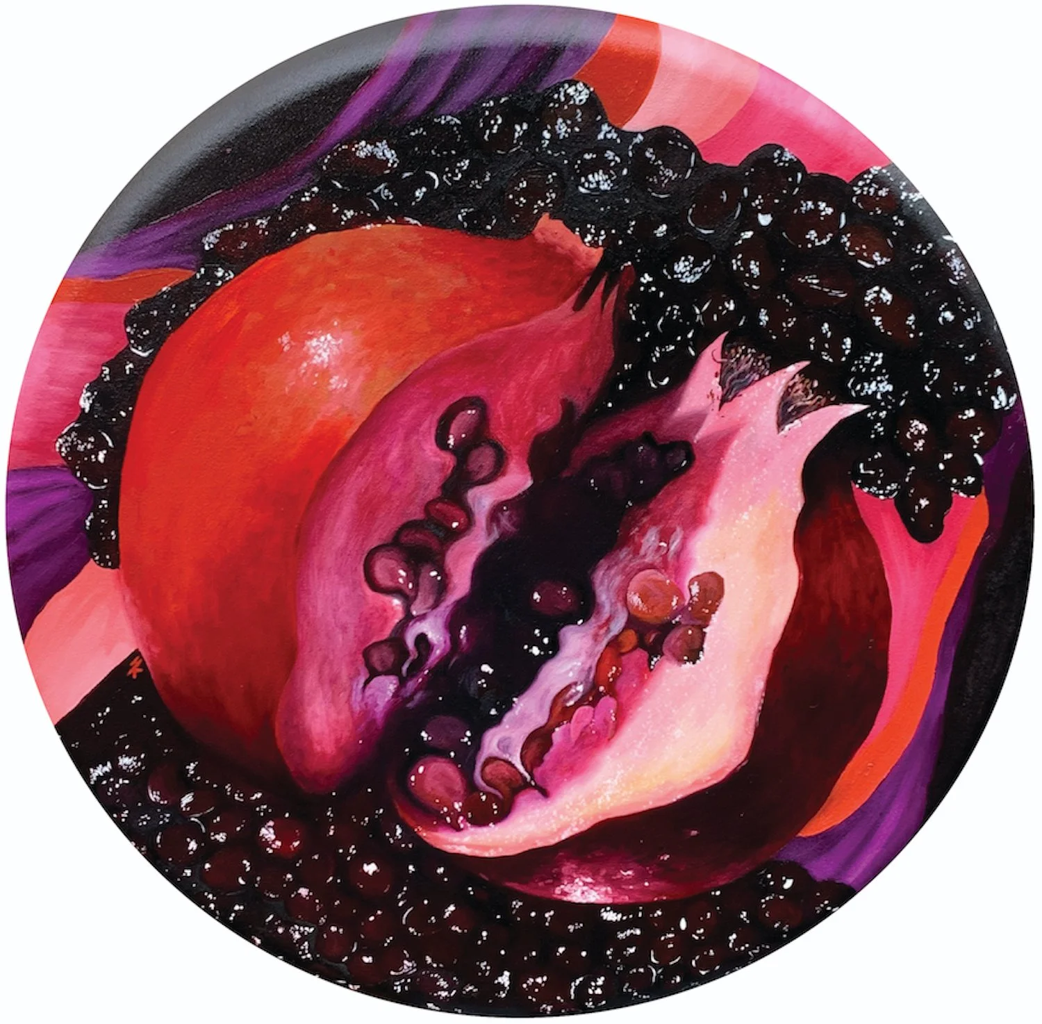  Hannah Keats, “Divide,” 2021. Oil on convex circle canvas, 20 × 20 inches.  