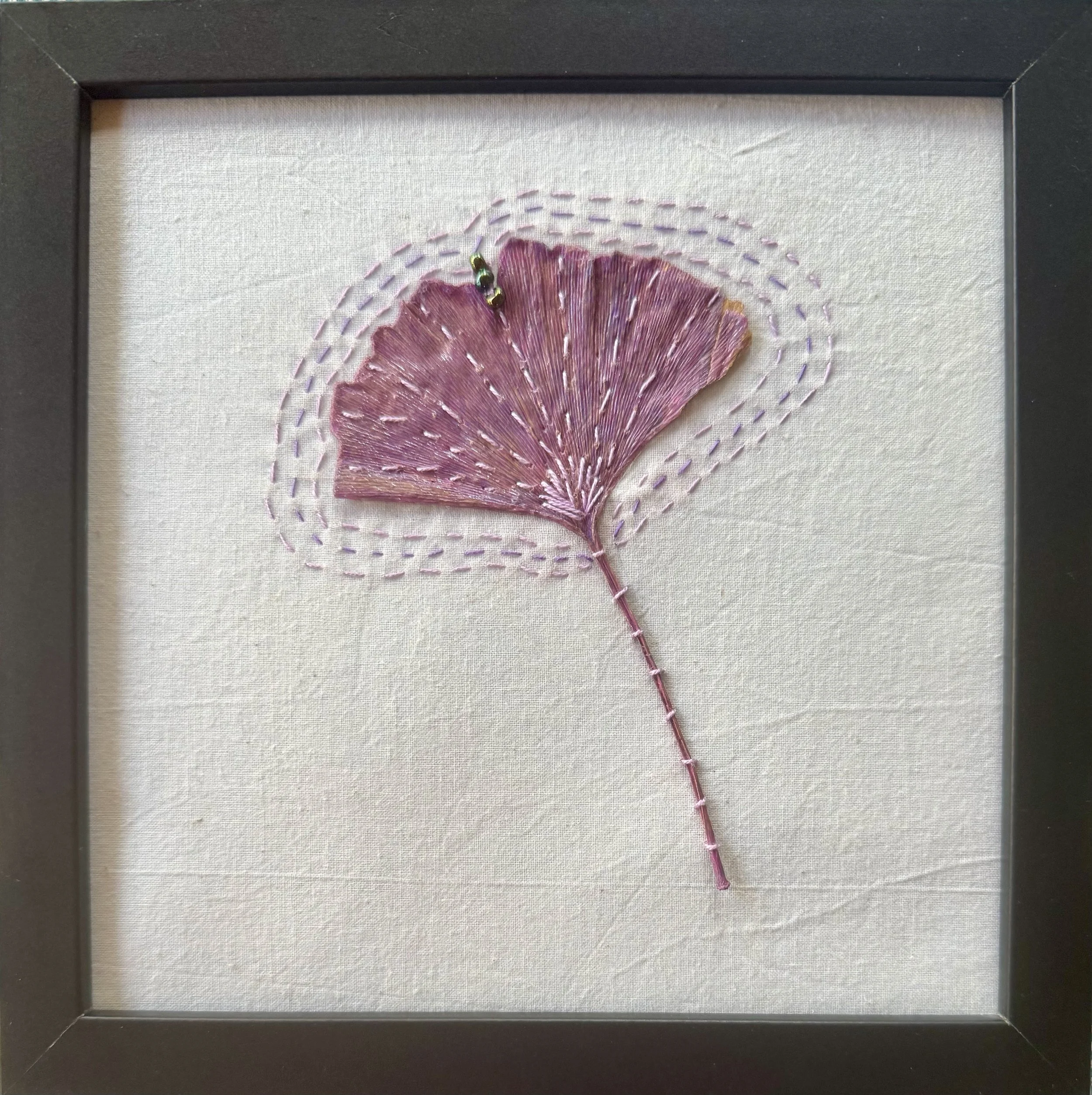  Margarete Froelicher, “Embroidered Ginkgo Leaf,” 2024. Textile, 8.75 × 8.75 inches framed.  