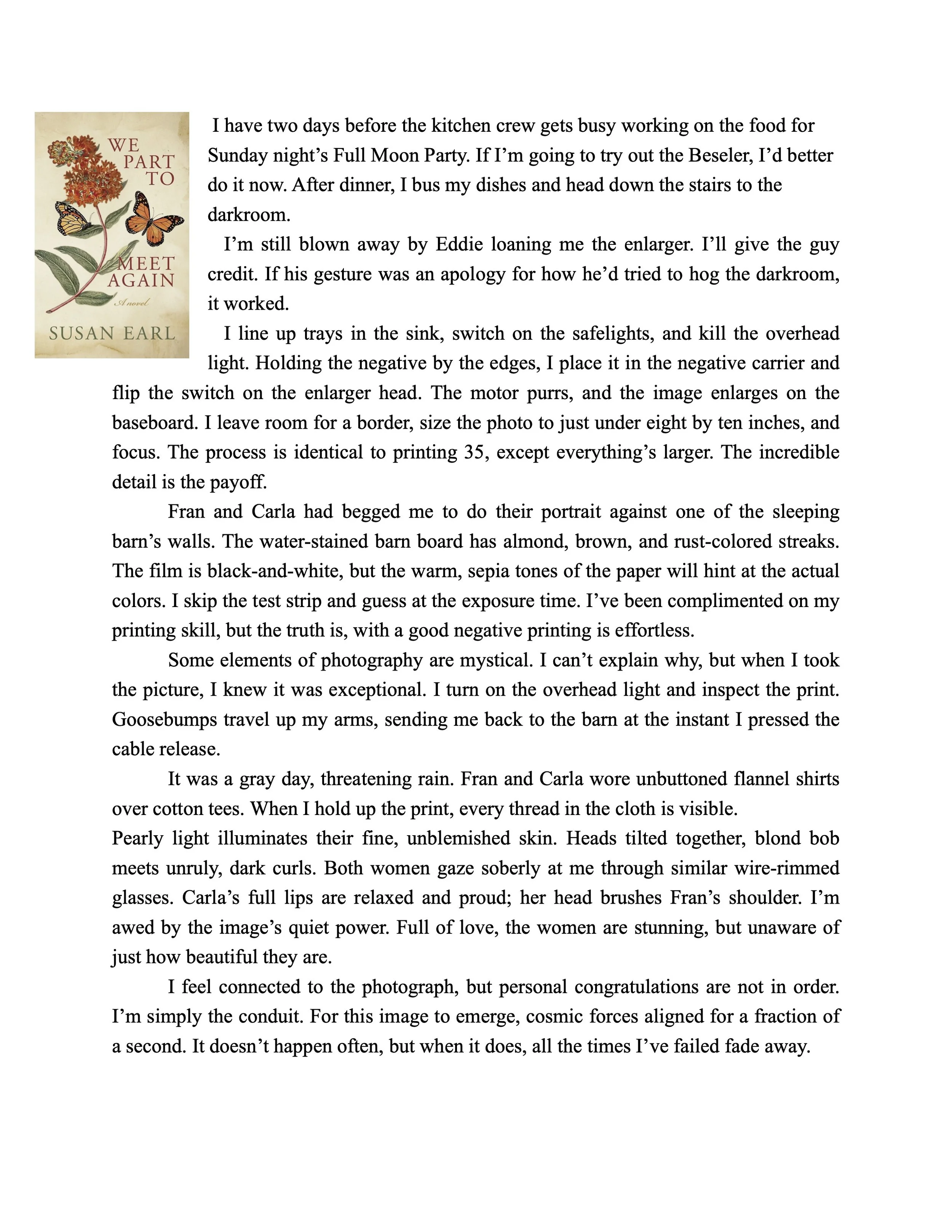  Susan Earl, Excerpt from “We Part to Meet Again, A Novel,” 2022. Text, 8.5 × 11 inches.  