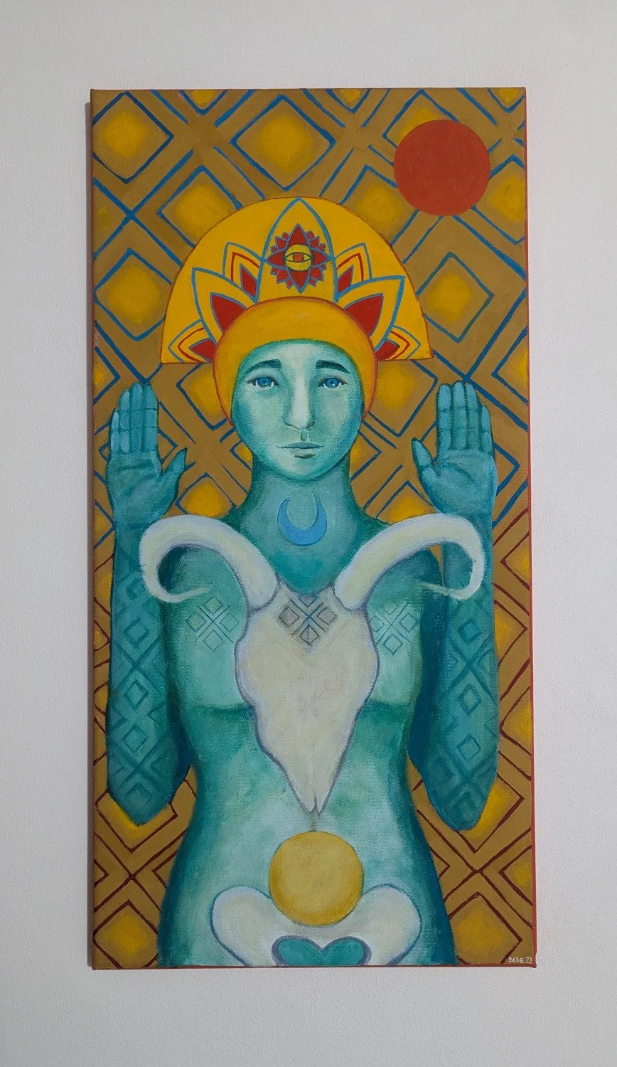  Isak Dove, “Initiate of Mokosh,” 2023. Acryla-gouache on canvas, 12 × 24 inches.  