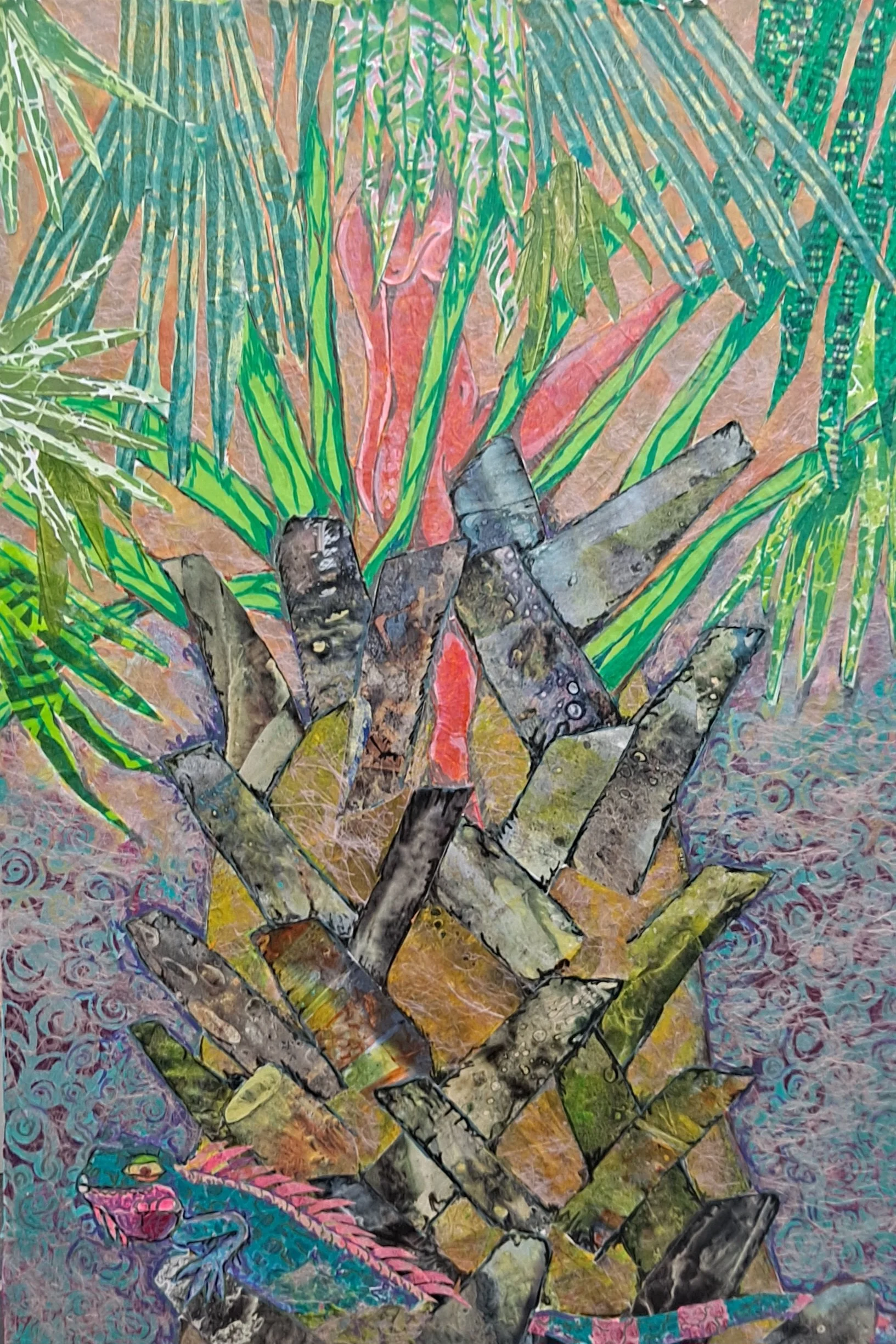  Kelly Charles, “Sabal Palm,” 2025. Mixed media collage, 36 × 24 inches.  