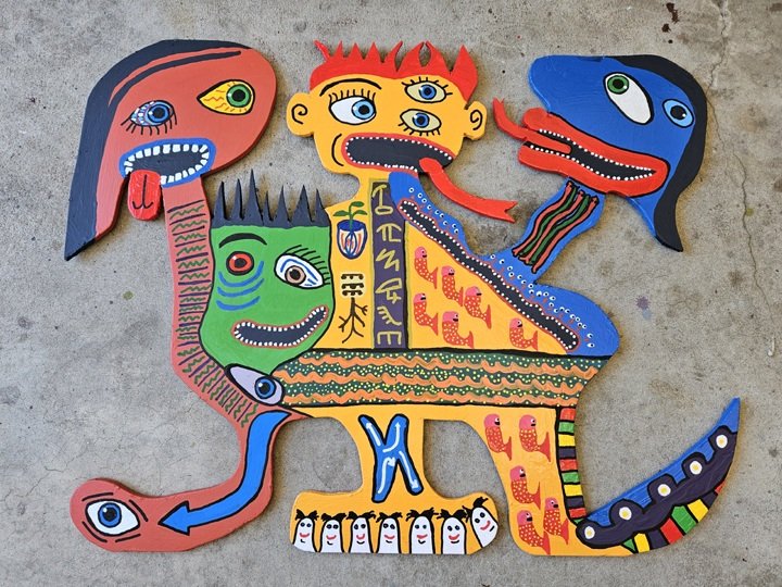  Brother Bruce, “Let's Dig It Some More with the Disfunctional Byhangers,” 2025. Wood and acrylic paint, 48 × 38 inches.  