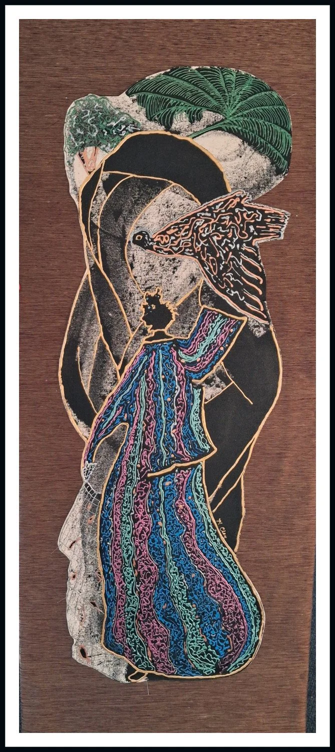 Margaret Clay, “Woman of Valor,” 2025. Mixed media on canvas, raw silk, wood, accompanying poem, 15 × 36 inches.  