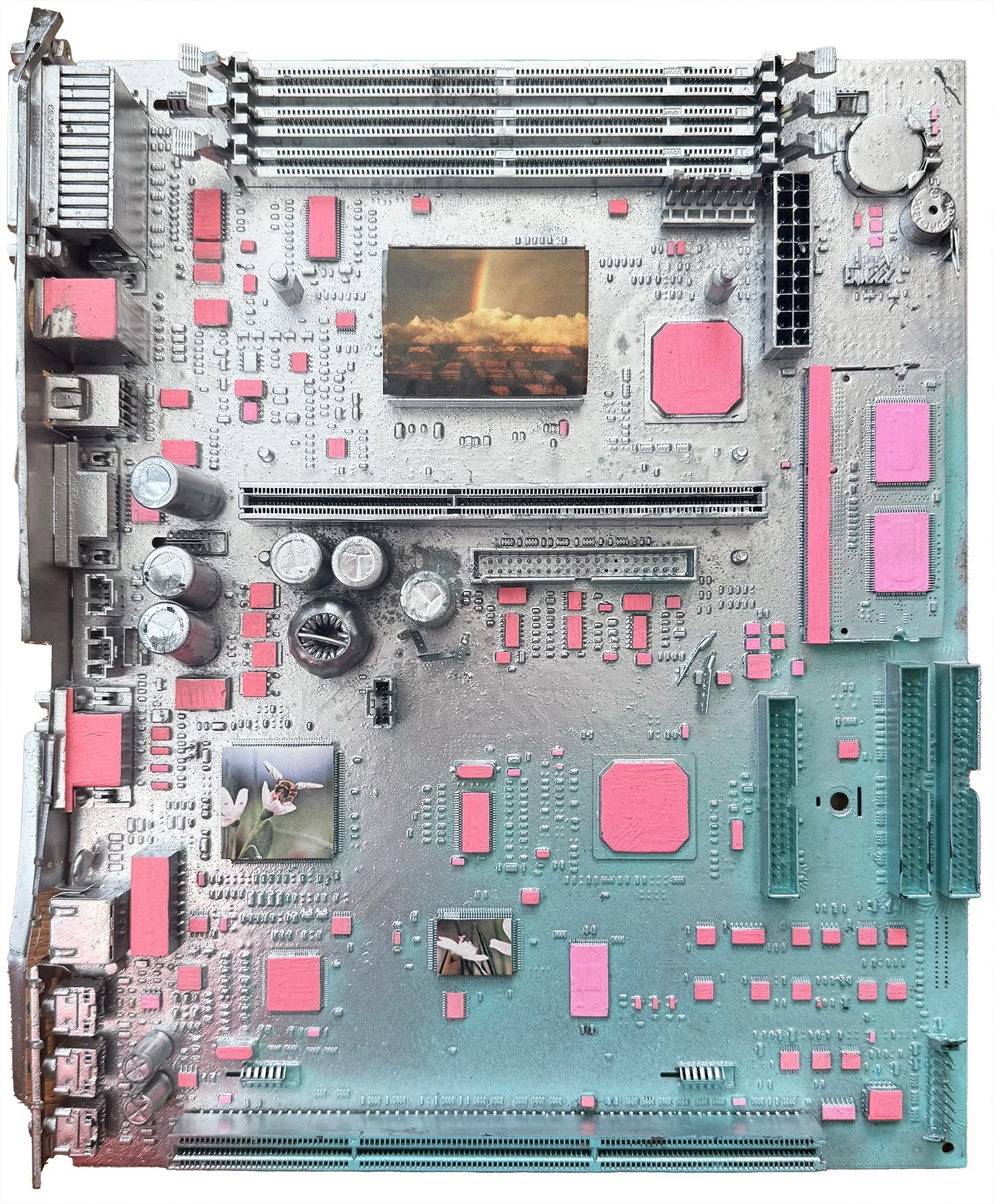  Joanna Silver, “The World Has Ended,” 2009. Collage and paint on reclaimed computer parts, 9.25 x 11.25 inches.  